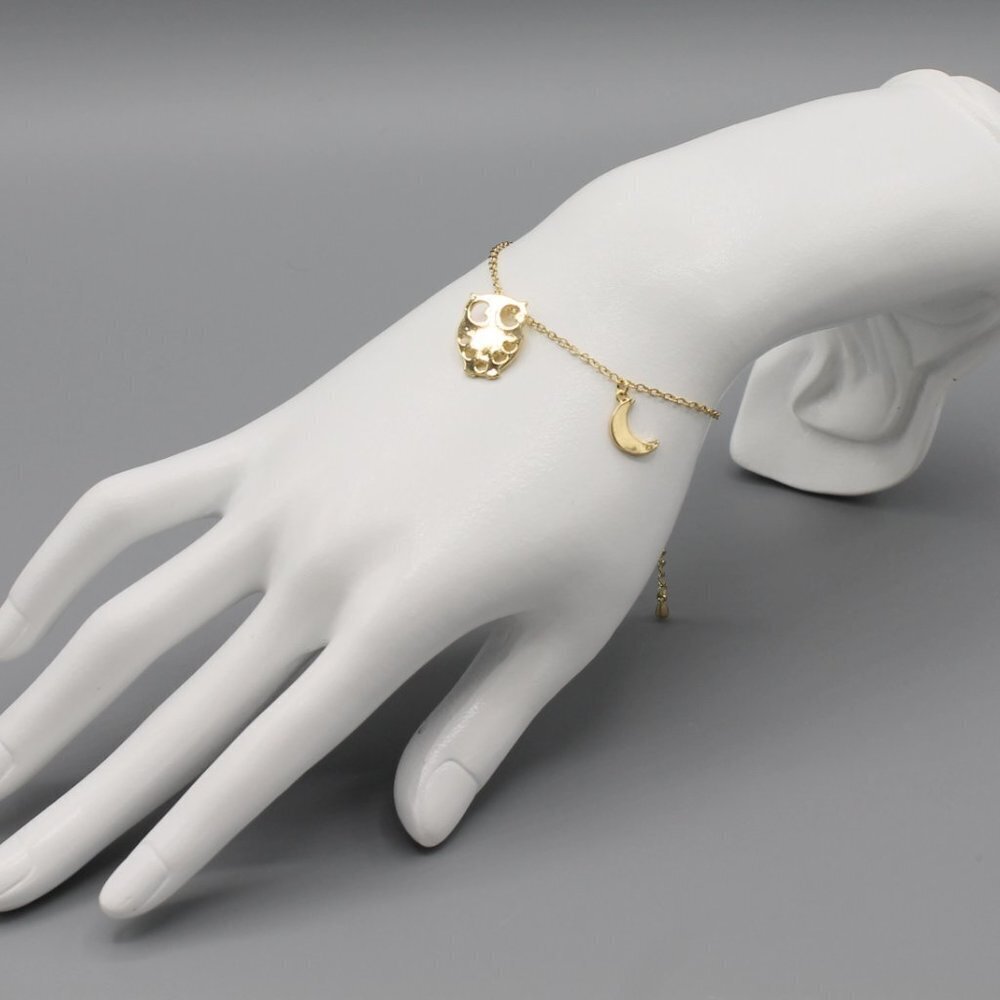 Jewelry bracelet smart owl bird night sky yellow gold tone dainty adjustable - Picture 3 of 6